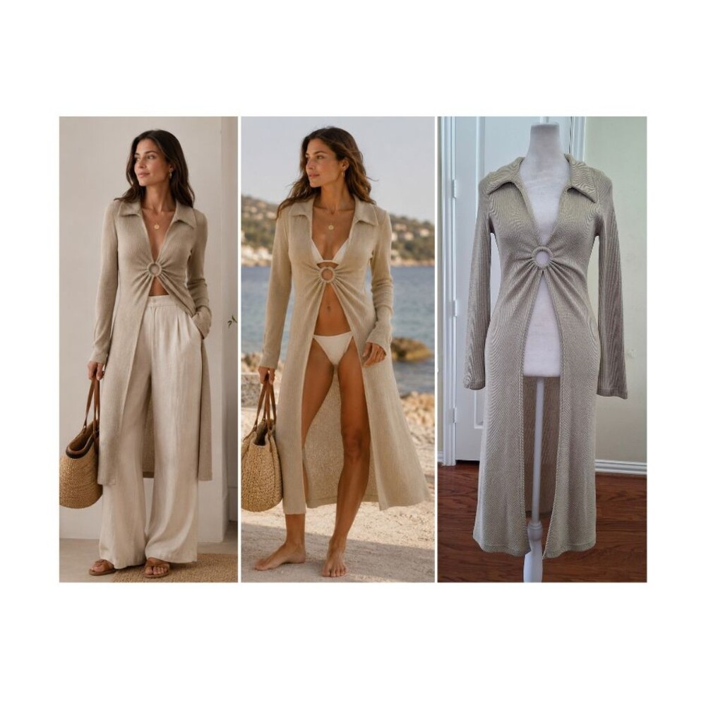 Vintage Longline Duster Gold Women 70s   Glam O-Ring Swim Cover Resort Vacation